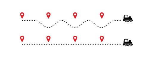 travel timeline dots, train route dotted line with red map pins, transportation route chart vector