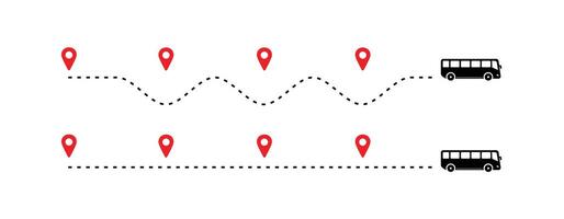 travel timeline dots, bus route dotted line with red map pins, transportation route chart vector