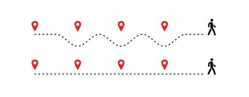 travel timeline dots, pedestrian route dotted line with red map pins, transportation route chart. vector