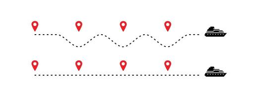 travel timeline dots, ship route dotted line with red map pins, transportation route chart vector
