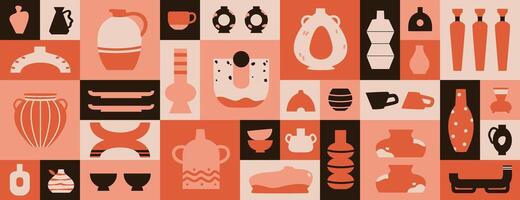 combination of modern pottery, vases and ceramics in various geometric shapes. Minimalist antique ceramic patterns for interiors vector