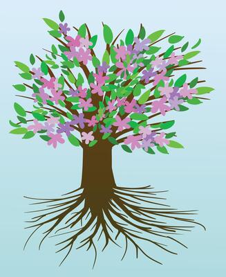 Tree of life with pink and purple flowers and green leafs. Light blue gradient background.