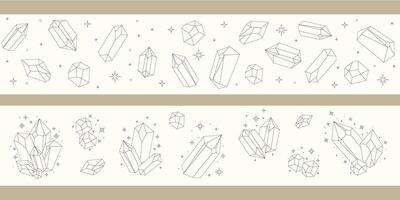 Celestial gemstones seamless border. Crystal thin line set. Simple magical crystal black contour symbol. Witchy. vector