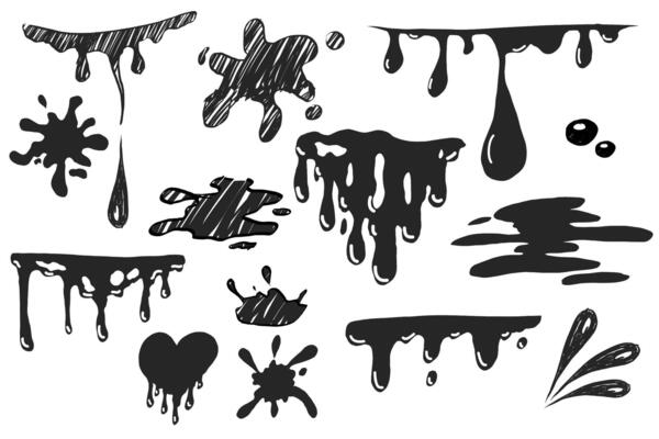 Paint drip splatter, liquid stain fluid ink droplet grunge textured. Graffiti splash black melt. Paint flows, melt spray border.