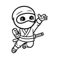 fun jumping ninja cartoon character isolated drawing line art style sketch classic vintage design illustration vector