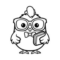 fun smart chick chicken with glasses and book cartoon character isolated drawing line art style sketch classic vintage design illustration vector