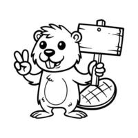 fun cute beaver hold wood sign cartoon isolated drawing line art style sketch classic vintage design illustration vector