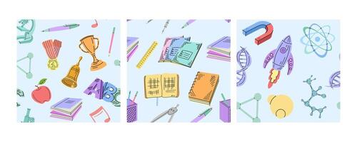 Seamless school patterns with books, science symbols, and trophies in flat doodle style vector