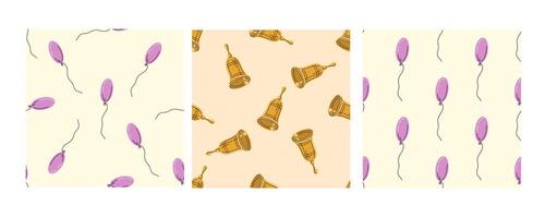 Seamless celebration patterns with balloons and golden bells in flat doodle style vector