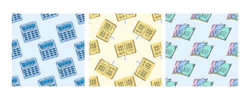Seamless school patterns with calculators, open books, and graph papers in flat doodle style vector