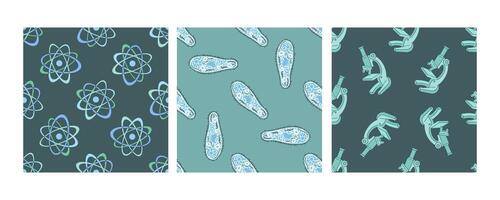 Seamless science patterns with atoms, microbes, and microscopes on backgrounds vector