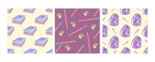 Seamless school patterns with books, pencils, and backpacks in flat doodle style vector