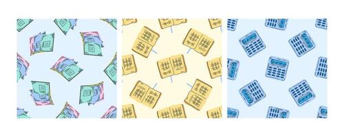 Seamless school patterns with notebooks, calculators, and graph papers in flat doodle style vector