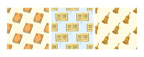 Seamless school patterns with notebooks, open books, and bells in flat doodle style vector