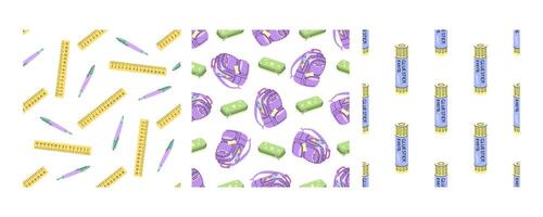 Seamless school patterns with rulers, backpacks, and glue sticks in flat doodle style vector