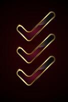 Three sleeks golden checkmark with a glossy black and deep red gradient interior. Three small glowing sparkles is visible at the top corner, emphasizing elegance vector