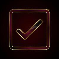 A sophisticated golden checkmark is enclosed within a square golden frame. The glossy black and deep burgundy gradient interior creates a luxurious appearance. vector