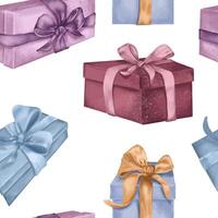 Holiday gift boxes in watercolor on seamless pattern isolated on white. Various present boxes with ribbons hand drawn. Repeating pattern for new year design wrapping, holiday, birthday package. vector