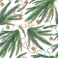 Spruce branches on seamless watercolor pattern isolated on white. Christmas endless background with coniferous plants and bells hand drawn. Festive pattern for wrapping paper, wallpapers, and package vector