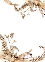 Plants in monochrome sepia watercolor on template. Flower, fern in beige color hand drawn on watercolor splash. Abstract herbs neutral painted. Design of branding, printed products, card, invitation. vector