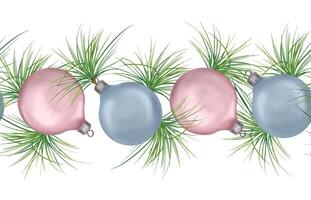 Pine tree branches with Christmas tree balls by watercolor on seamless border isolated on white. New Year botanical endless background with blue and pink decorations. Design for fabric, package. vector