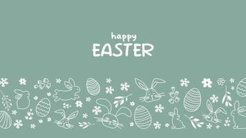 Happy Easter.Greeting card on the theme of the religious holiday. Horizontal banner with hand drawn bunnies,Easter eggs and flowers.Can be used for poster,invitation and preview.green background vector