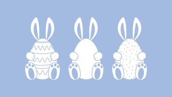 Set of cute Easter bunnies.Three bunnies hiding behind the eggs. design elements.Isolated on lavender background.Used for printing on clothes, packaging, wallpaper.Sticker, decal, object. vector