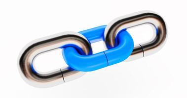 Chrome chain with a blue link on white background photo