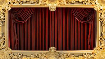 3D render of golden frame on a red curtain background, photo