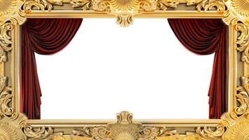 3D render of golden frame on a red curtain background, photo
