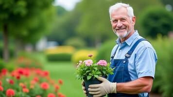 Smiling gardener in gloves and overalls with a container with a flowering plant photo