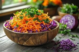 Spring vegetable salad with grated carrots and shredded purple cabbage. photo