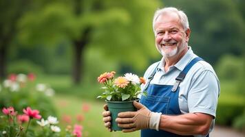Smiling gardener in gloves and overalls with a container with a flowering plant photo