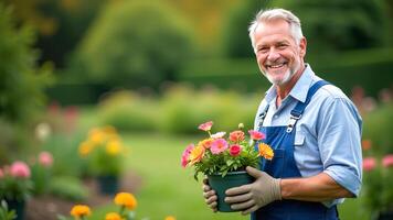 Smiling gardener in gloves and overalls with a container with a flowering plant photo