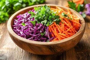 Spring vegetable salad with grated carrots and shredded purple cabbage. photo