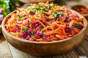 Spring vegetable salad with grated carrots and shredded purple cabbage. photo
