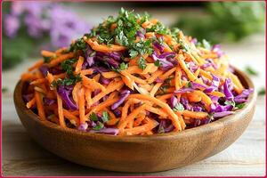 Spring vegetable salad with grated carrots and shredded purple cabbage. photo