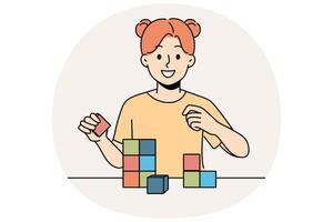 Happy little girl playing with wooden child cubes standing at table and smiling looking at screen vector