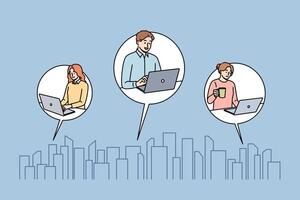 Business people work from own apartments in different parts of city with skyscrapers, using laptops vector