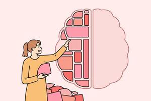 Woman structures knowledge in form of blocks inside brain to improve cognitive processes vector