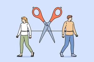 End of romantic relationship man and woman located near with scissors cutting connection vector