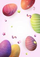 Easter multicolored eggs realistic 3d, confetti . illustration, copy space vector