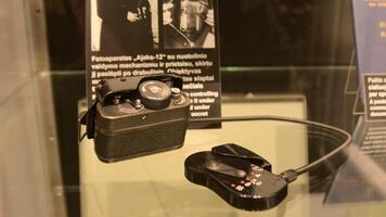 Vilnius, Lithuania - 30th november, 2024 - special old camera and spying listening device technology. The Museum of Occupations and Freedom Fights in Vilnius. Soviet occupation of Lithuania video