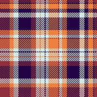 Stylish autumnal plaid pattern in warm orange, deep purple, and soft blue hues. Perfect for textile design, fall fashion, or seasonal branding projects. Seamless repeat for versatile applications. vector