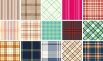 A vibrant collection of plaid patterns featuring square checks and repetition, ideal for textile, fabric, and stylish menu backgrounds. vector