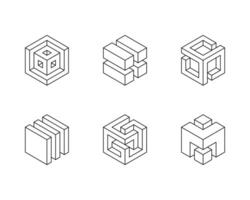 Black and white Cube logo, geometric design. Set box logotype company, trendy techno emblem in isometric 3D style. vector