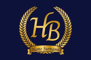 Initial letter H and B, HB monogram logo design with laurel wreath. Luxury golden calligraphy font. vector