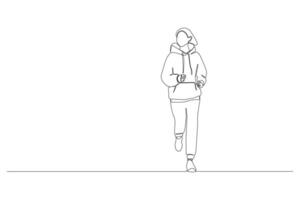 Young girl in hoodie and sweatpants continuous line drawing. vector