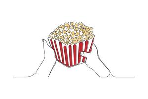 Continuous one-line art drawing of hands holding popcorn box. National Popcorn Day concept. vector