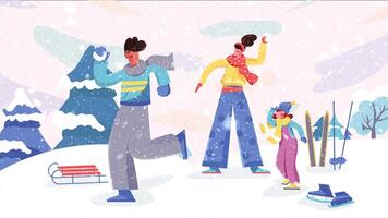 Happy little girl enjoys his parent's animation while playing in the snowy park. Snowfall shot in 4k resolution video